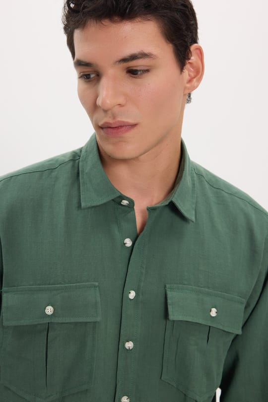 Erkek Regular Fit Klasik Kesim Oversize %100 Pamuk Keten Doku Çift Cep Haki Gömlek