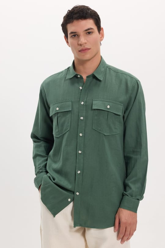 Erkek Regular Fit Klasik Kesim Oversize %100 Pamuk Keten Doku Çift Cep Haki Gömlek