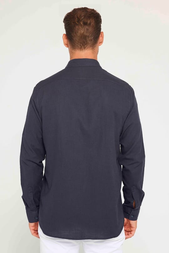 Erkek Regular Fit Klasik Kesim Oversize %100 Pamuk Keten Doku Çift Cep Füme Gömlek