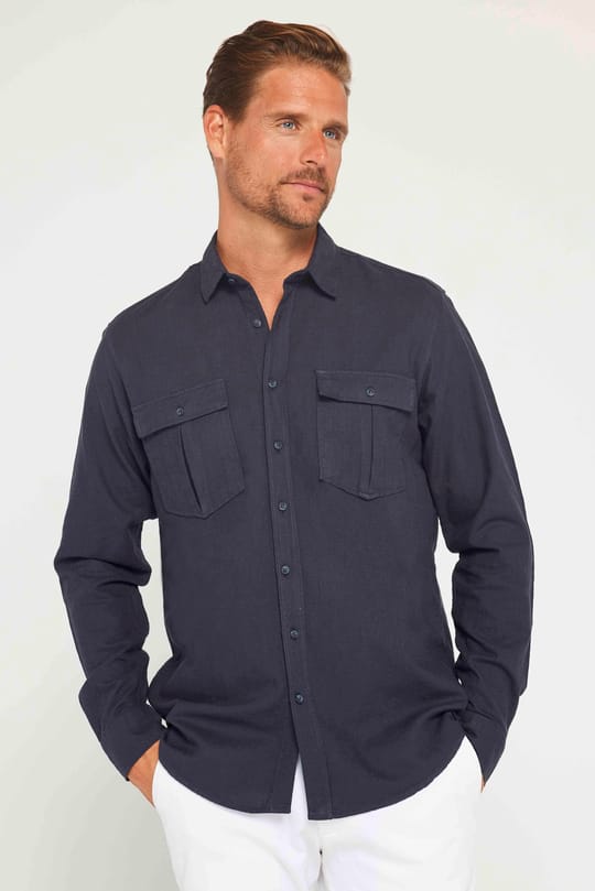 Erkek Regular Fit Klasik Kesim Oversize %100 Pamuk Keten Doku Çift Cep Füme Gömlek
