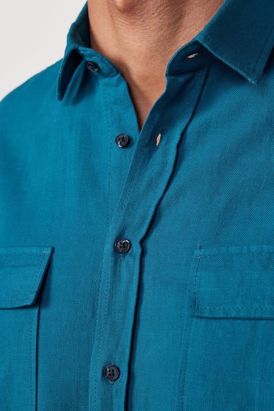 Erkek Regular Fit Klasik Kesim Oversize %100 Pamuk Keten Doku Çift Cep Petrol Renk Gömlek