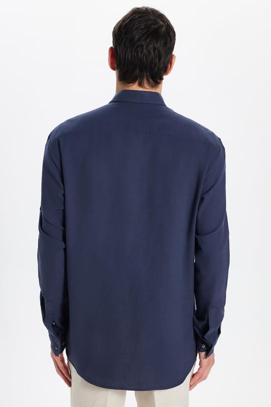 Erkek Regular Fit Klasik Kesim Oversize %100 Pamuk Keten Doku Çift Cep Lacivert Gömlek