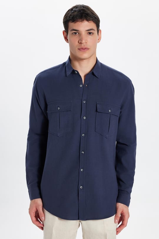 Erkek Regular Fit Klasik Kesim Oversize %100 Pamuk Keten Doku Çift Cep Lacivert Gömlek