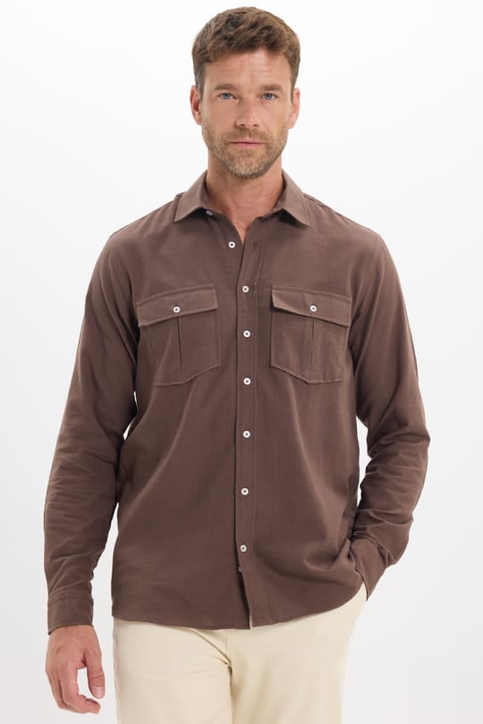 Erkek Regular Fit Klasik Kesim Oversize %100 Pamuk Keten Doku Çift Cep Kahverengi Gömlek