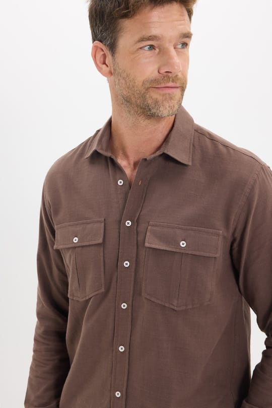 Erkek Regular Fit Klasik Kesim Oversize %100 Pamuk Keten Doku Çift Cep Kahverengi Gömlek
