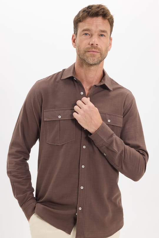 Erkek Regular Fit Klasik Kesim Oversize %100 Pamuk Keten Doku Çift Cep Kahverengi Gömlek