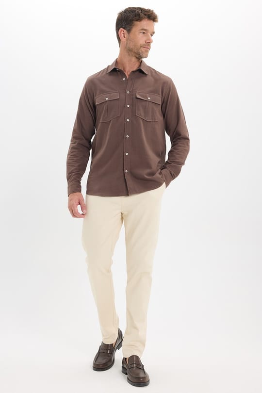 Erkek Regular Fit Klasik Kesim Oversize %100 Pamuk Keten Doku Çift Cep Kahverengi Gömlek