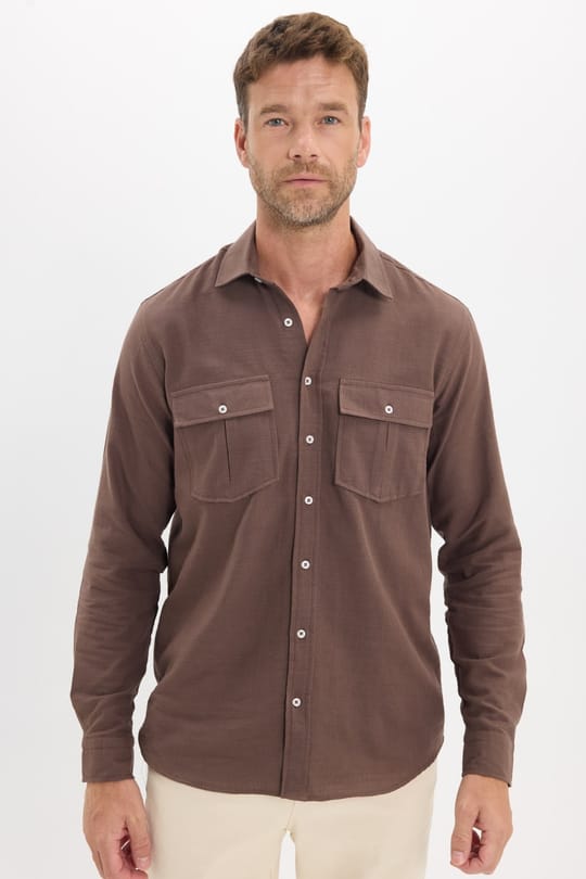 Erkek Regular Fit Klasik Kesim Oversize %100 Pamuk Keten Doku Çift Cep Kahverengi Gömlek