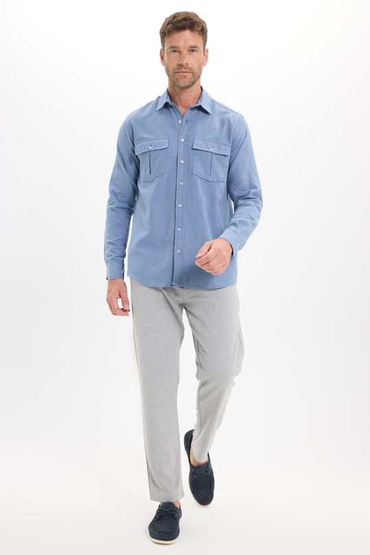 Erkek Regular Fit Klasik Kesim Oversize %100 Pamuk Keten Doku Çift Cep İndigo Gömlek