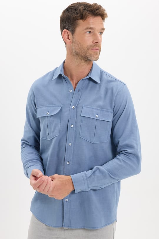 Erkek Regular Fit Klasik Kesim Oversize %100 Pamuk Keten Doku Çift Cep İndigo Gömlek