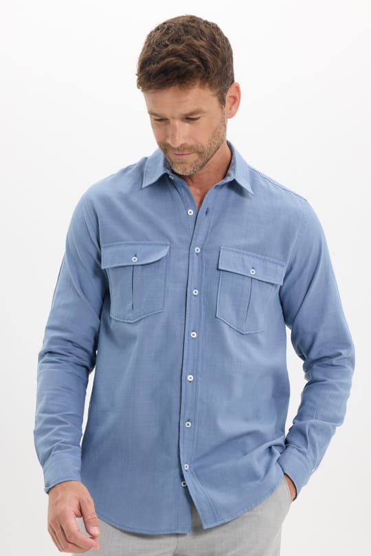 Erkek Regular Fit Klasik Kesim Oversize %100 Pamuk Keten Doku Çift Cep İndigo Gömlek