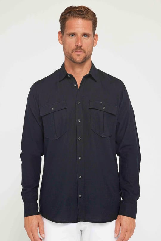 Erkek Regular Fit Klasik Kesim Oversize %100 Pamuk Keten Doku Çift Cep Siyah Gömlek