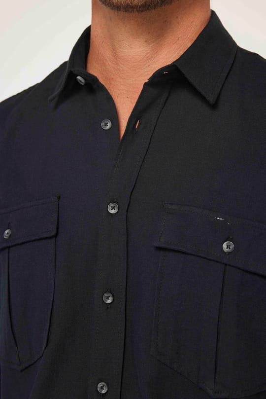 Erkek Regular Fit Klasik Kesim Oversize %100 Pamuk Keten Doku Çift Cep Siyah Gömlek
