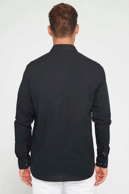 Erkek Regular Fit Klasik Kesim Oversize %100 Pamuk Keten Doku Çift Cep Siyah Gömlek
