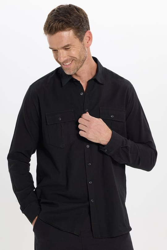 Erkek Regular Fit Klasik Kesim Oversize %100 Pamuk Keten Doku Çift Cep Siyah Gömlek