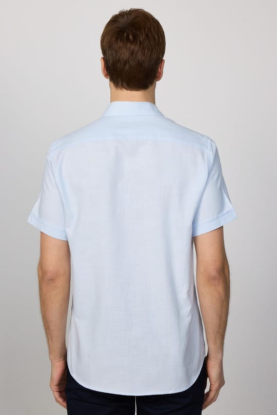 Erkek Regular Fit Klasik Kesim Oversize %100 Pamuk Keten Doku Cepli Mavi Gömlek