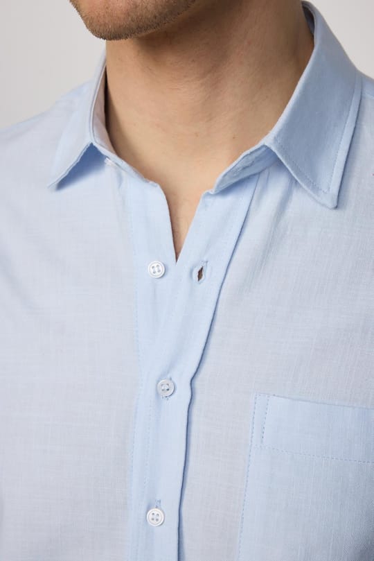 Erkek Regular Fit Klasik Kesim Oversize %100 Pamuk Keten Doku Cepli Mavi Gömlek
