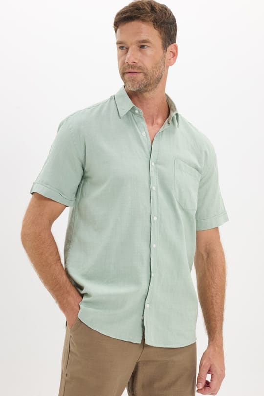 Erkek Regular Fit Klasik Kesim Oversize %100 Pamuk Keten Doku Cepli Yeşil Gömlek