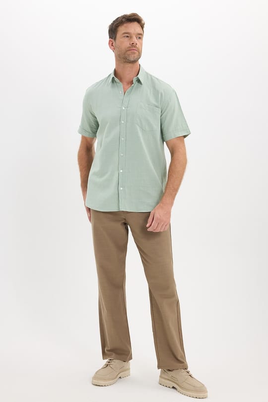 Erkek Regular Fit Klasik Kesim Oversize %100 Pamuk Keten Doku Cepli Yeşil Gömlek