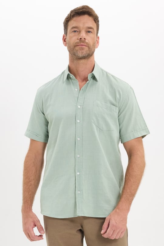 Erkek Regular Fit Klasik Kesim Oversize %100 Pamuk Keten Doku Cepli Yeşil Gömlek
