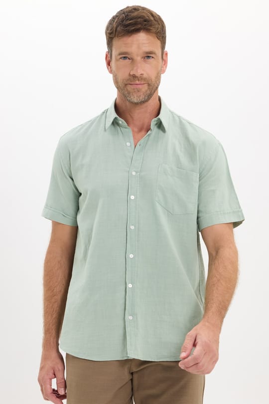 Erkek Regular Fit Klasik Kesim Oversize %100 Pamuk Keten Doku Cepli Yeşil Gömlek