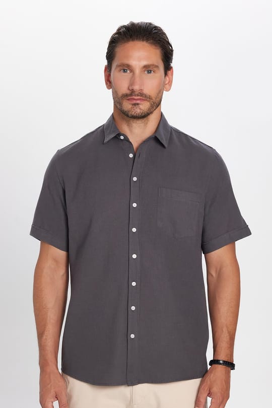 Erkek Regular Fit Klasik Kesim Oversize %100 Pamuk Keten Doku Cepli Gri Gömlek