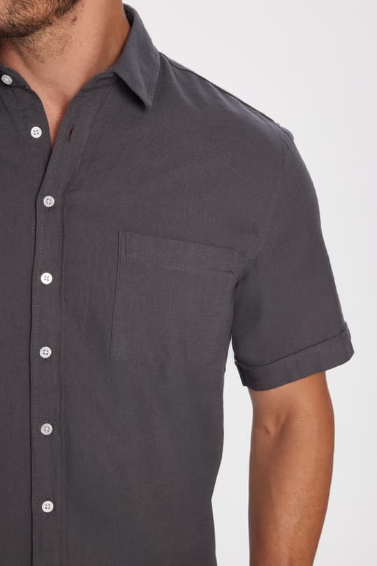 Erkek Regular Fit Klasik Kesim Oversize %100 Pamuk Keten Doku Cepli Gri Gömlek