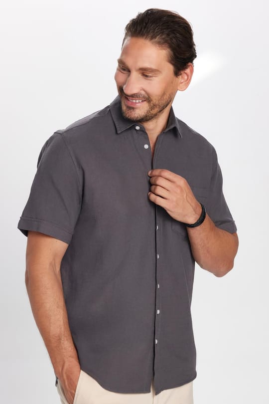 Erkek Regular Fit Klasik Kesim Oversize %100 Pamuk Keten Doku Cepli Gri Gömlek