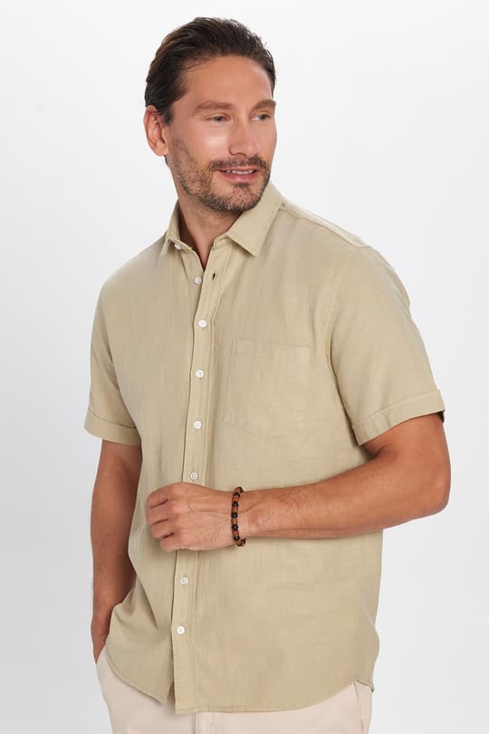 Erkek Regular Fit Klasik Kesim Oversize %100 Pamuk Keten Doku Cepli Taş Renk Gömlek