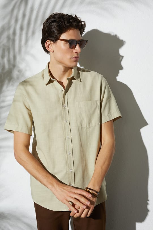 Erkek Regular Fit Klasik Kesim Oversize %100 Pamuk Keten Doku Cepli Taş Renk Gömlek