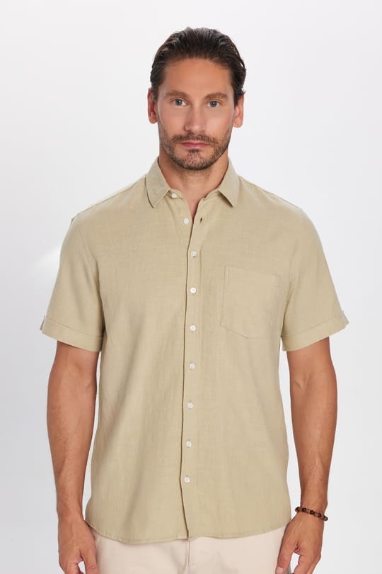 Erkek Regular Fit Klasik Kesim Oversize %100 Pamuk Keten Doku Cepli Taş Renk Gömlek
