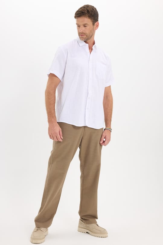 Erkek Regular Fit Klasik Kesim Oversize %100 Pamuk Keten Doku Cepli Beyaz Gömlek