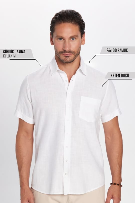 Erkek Regular Fit Klasik Kesim Oversize %100 Pamuk Keten Doku Cepli Beyaz Gömlek