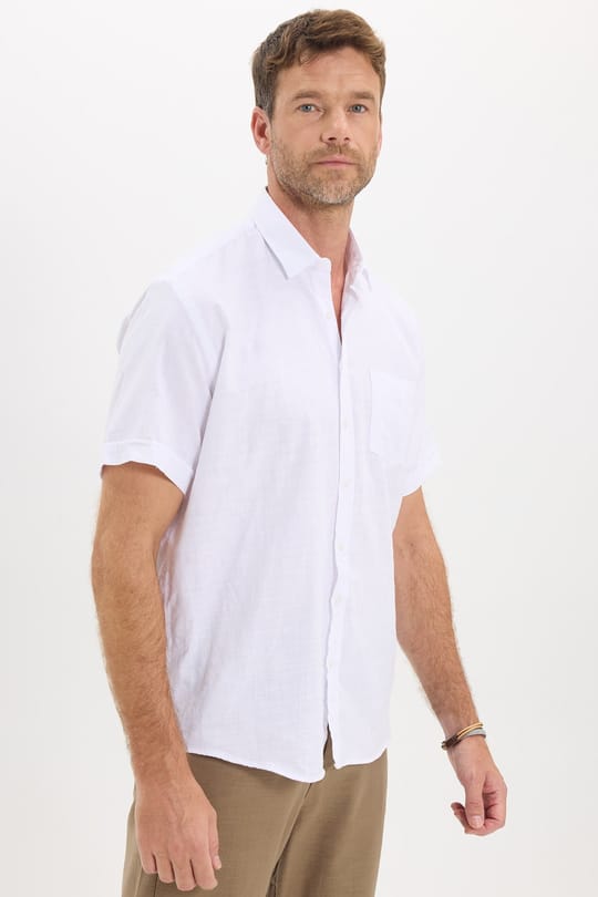 Erkek Regular Fit Klasik Kesim Oversize %100 Pamuk Keten Doku Cepli Beyaz Gömlek