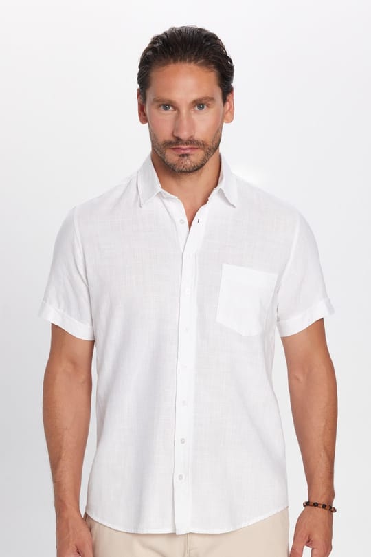 Erkek Regular Fit Klasik Kesim Oversize %100 Pamuk Keten Doku Cepli Beyaz Gömlek