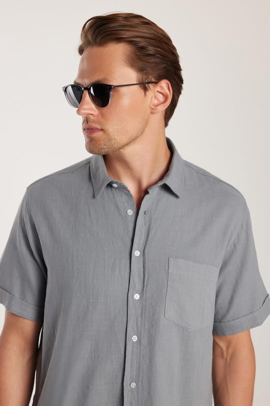 Erkek Regular Fit Klasik Kesim Oversize %100 Pamuk Keten Doku Cepli Gri Gömlek