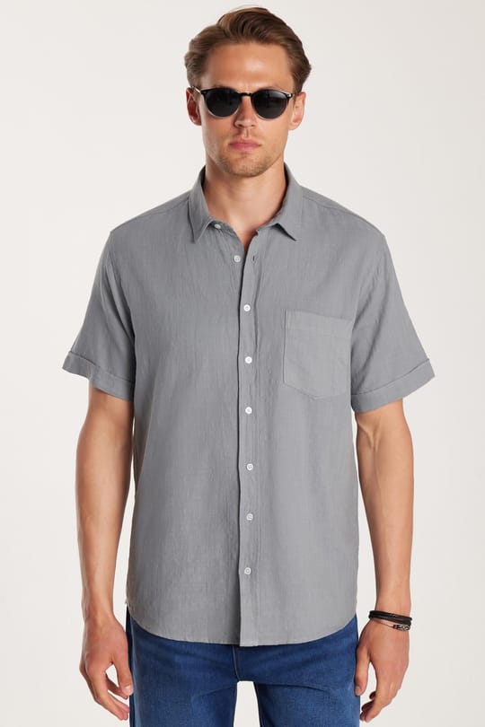 Erkek Regular Fit Klasik Kesim Oversize %100 Pamuk Keten Doku Cepli Gri Gömlek