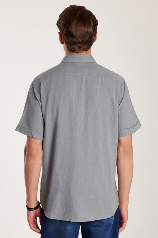 Erkek Regular Fit Klasik Kesim Oversize %100 Pamuk Keten Doku Cepli Gri Gömlek