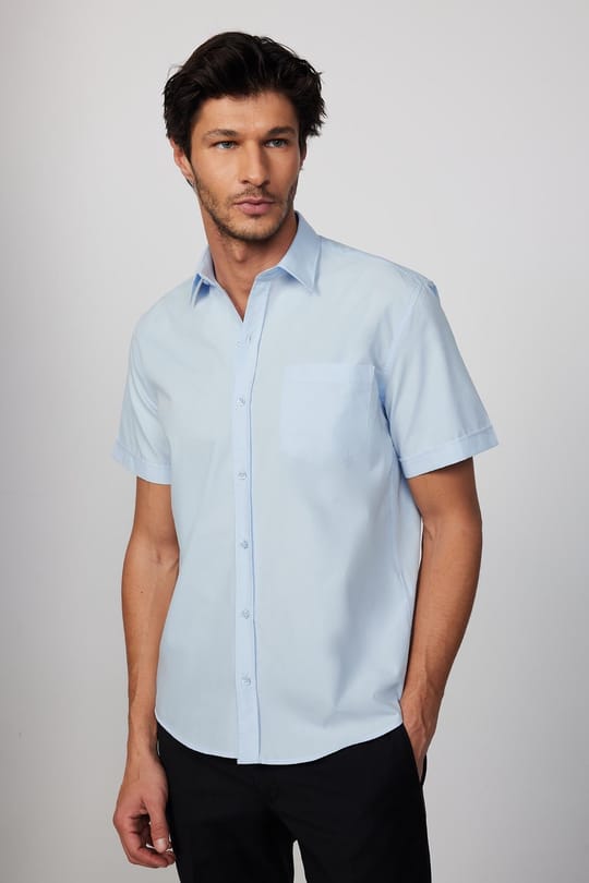Klasik Fit Kısa Kol Düz Kravatlık Kolay Ütü Erkek Mavi Gömlek