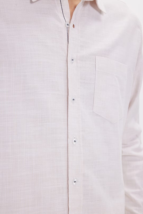 Erkek Regular Fit Klasik Kesim Oversize %100 Pamuk Keten Doku Bej Gömlek