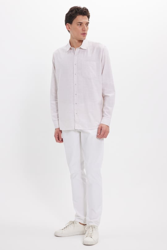 Erkek Regular Fit Klasik Kesim Oversize %100 Pamuk Keten Doku Bej Gömlek