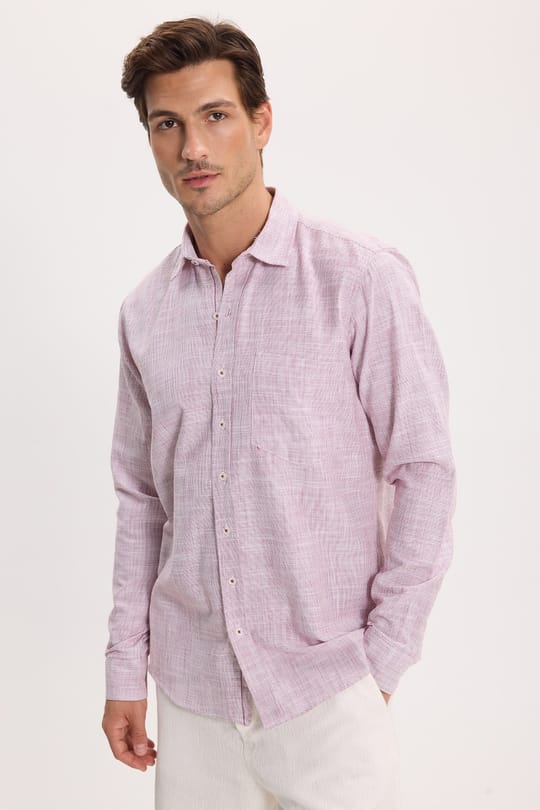 Erkek Regular Fit Klasik Kesim Oversize %100 Pamuk Keten Doku Bordo Gömlek