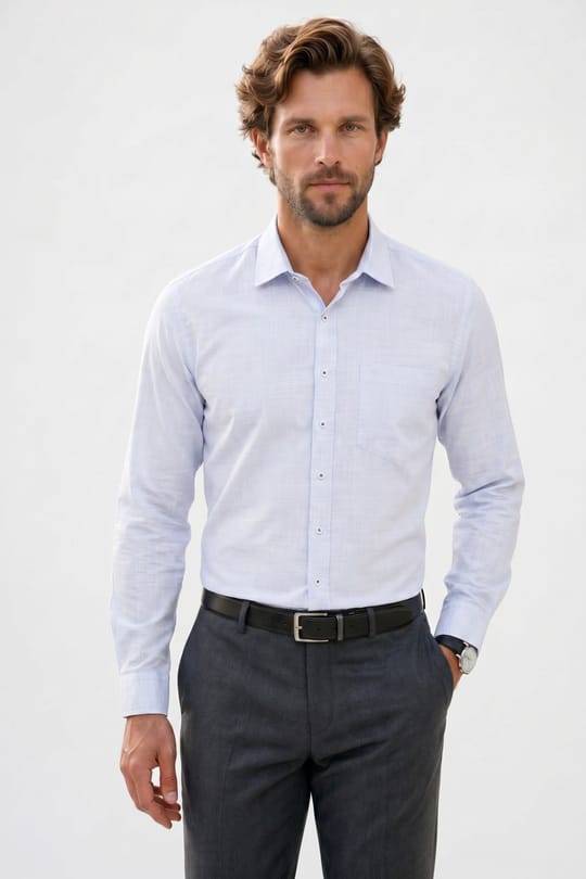 Erkek Regular Fit Klasik Kesim Oversize %100 Pamuk Keten Doku Mavi Gömlek