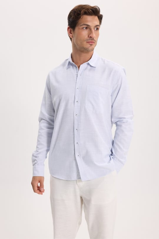 Erkek Regular Fit Klasik Kesim Oversize %100 Pamuk Keten Doku Mavi Gömlek