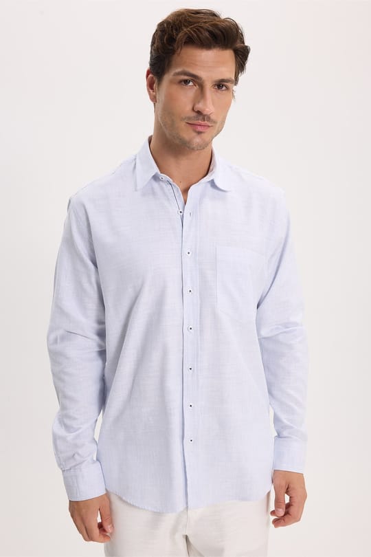 Erkek Regular Fit Klasik Kesim Oversize %100 Pamuk Keten Doku Mavi Gömlek