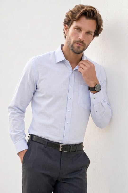 Erkek Regular Fit Klasik Kesim Oversize %100 Pamuk Keten Doku Mavi Gömlek
