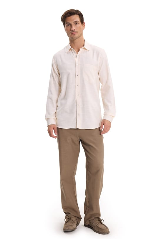 Erkek Regular Fit Klasik Kesim Oversize %100 Pamuk Keten Doku Bej Gömlek