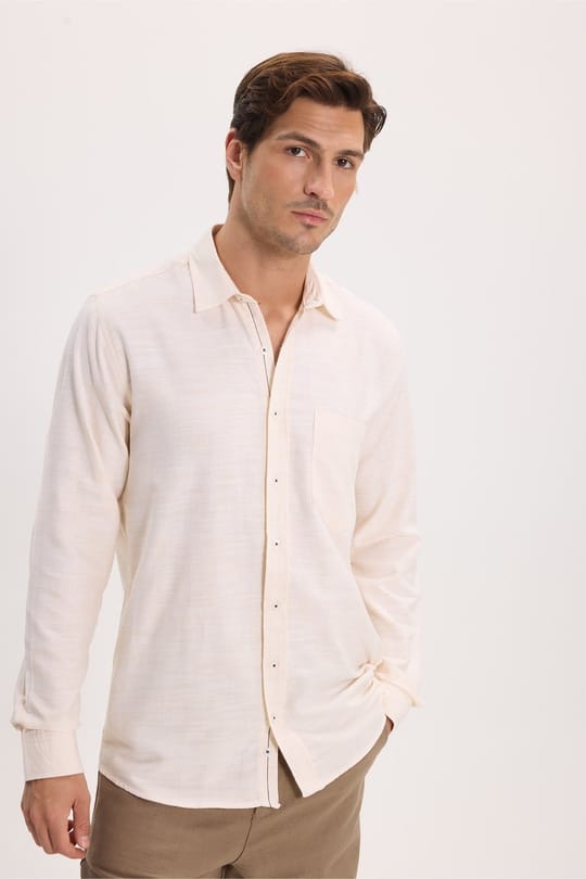 Erkek Regular Fit Klasik Kesim Oversize %100 Pamuk Keten Doku Bej Gömlek