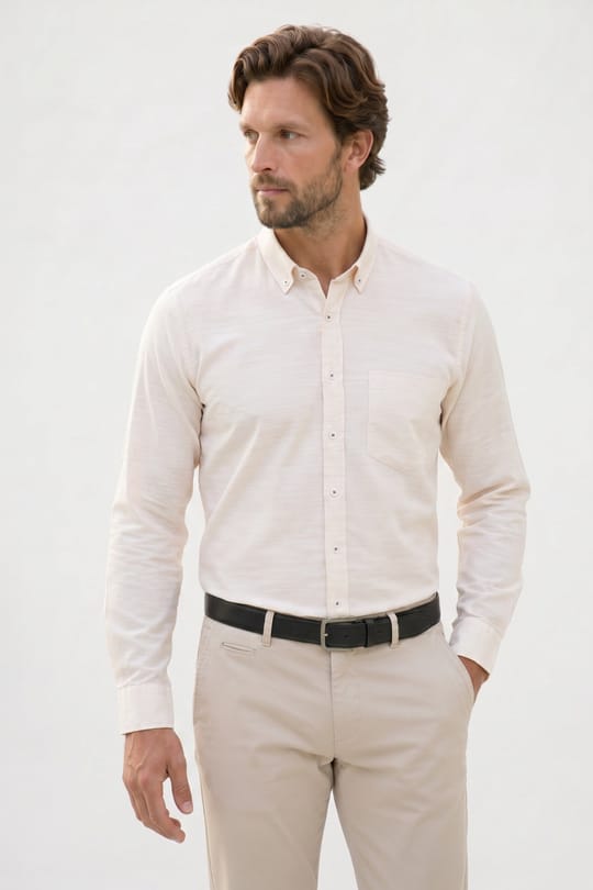 Erkek Regular Fit Klasik Kesim Oversize %100 Pamuk Keten Doku Bej Gömlek