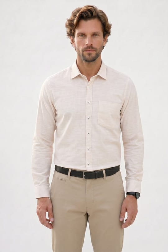 Erkek Regular Fit Klasik Kesim Oversize %100 Pamuk Keten Doku Bej Gömlek